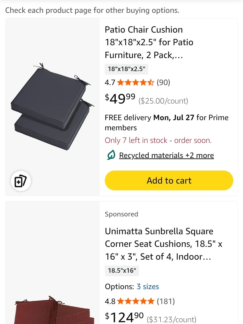 Square Outdoor Seat Cushions in Dark Charcoal - 2 Pack